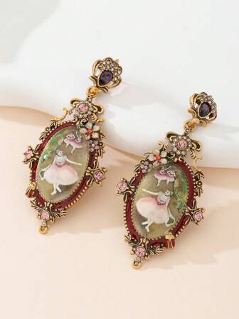 1 Pair Fashionable Jewelry Earrings, Copper Alloy Material Plated Vintage Gold, Ballet Dancer Print Design, European Vintage Style, Suitable For All Seasons Daily Wear, Parties, Gifts