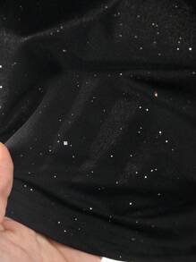 大码女式春秋法式拼布领深 V 领休闲设计扭纹镂空灯笼袖优雅派对鸡尾酒会连衣裙，带金属亮片、松紧腰带、飘逸荷叶边下摆 - 黑色 - 查看 11