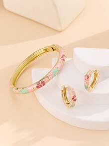 1 Set modischer, neuer, goldfarbener, blumenmusterbedruckter Cloisonné-Armreif und Ohrringe-Schmuck, für Mädchen und Frauen