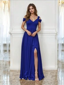Elegant Off Shoulder Long Dress With Front Slit - 藍色 - 查看 1