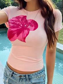 Vaiaye 女式夏季热带花卉印花夏威夷波西米亚风海滩度假上衣，圆领短袖修身温柔甜美图案 T 恤 - 淺粉色 - 查看 2