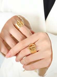 18k 镀金不锈钢开口戒指，极简主义金属感珠宝，女性自然风格 - Glossy - 查看 3