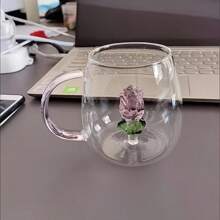 Rose Print Elegant Glass Cup, High Borosilicate Material, Heat Resistant, Easy To Clean, High-Quality Drinking, Decorative Tabletop, Suitable For Valentine's Day Gift, Afternoon Tea, Holiday Table Setting, Practical Glassware Loved By Women