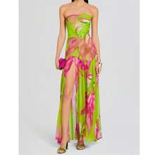 Women Tube Top Dress Slim Strapless Backless Mesh Patchwork Maxi Dress Leopard Print High Slit Long Dress Party Club Night Dress Clubwear - 綠色 - 查看 2