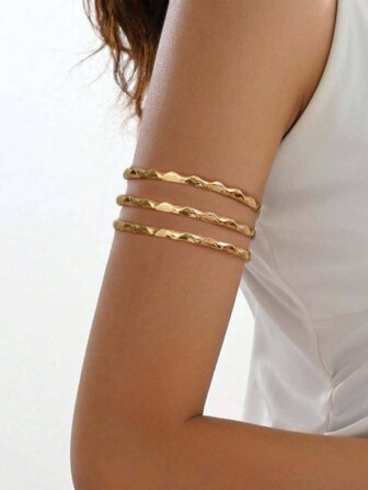 1pc Creative Triple-Line Wavy Hollow Open Bangle Bracelet, Elegant For Summer Party, Wedding, Vacation, Music Festival, Independence Day, Graduation Occasion, Holiday Gifts