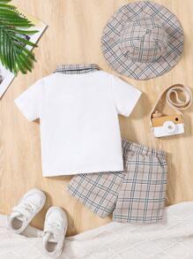 BrownBark 3 件套男婴夏季休闲户外度假套装，相机 & 格子印花短袖 Polo 衫 + 格子短裤 + 帽子，舒适休闲男童夏装 - 彩色 - 查看 2