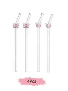1/2/4Pcs Reusable Glass Straws With Pink Butterfly/Bow Shapes, Shatter Resistant And Heat-Resistant Glass Drinking Straws With Cleaning Brushes, For Cold Drinks, Milk Tea, Coffee, Juice, Smoothies, Kitchens, Restaurants, Cocktail Parties, Back-To-School, Girlfriends/Boyfriends, Parents, Friends, Holiday Supplies,New Year, Valentine's Day. - Pink - View 14