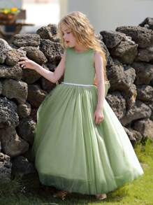 少女浅绿色花童礼服,大蝴蝶结,长款正式伴娘礼服 - 綠色 - 查看 4