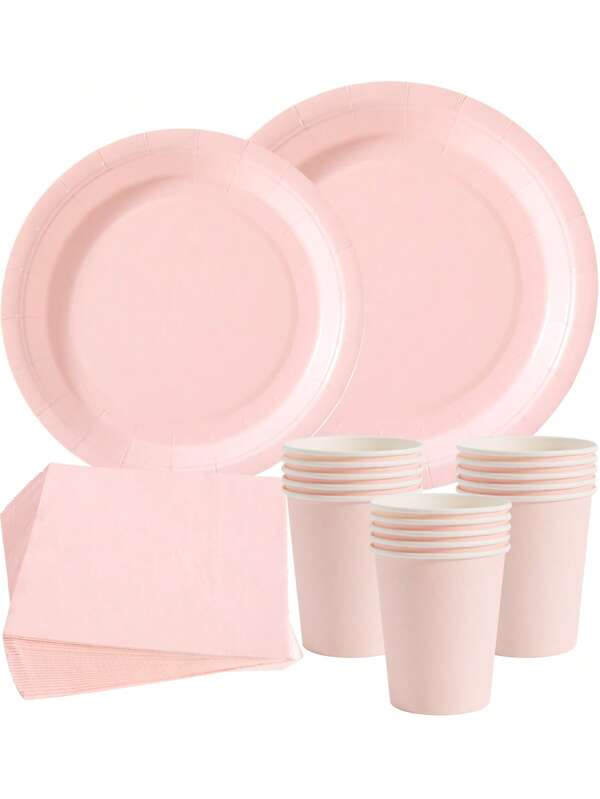 Light Pink Disposable Plates, Napkins, Cups, Suitable For 25 Guests, Disposable Dinnerware Set For Birthday, Wedding, Party, Family Picnic