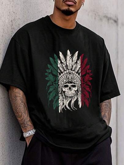 Men's Traditional Printed Green White Red Feather Skull T-Shirt