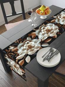 1pc 3D Floral Table Runner, 3D White Floral Theme Design Polyester Table Runner, Elegant White And Golden Floral Tablecloth, Party Festivals Gatherings Home Events Decorations Table Cloth, Desk Dining Tables Gift Tables Tabletop Decorations Table Cover, Kitchen Decorations Table Set , Room Decor Home Decor Table Skirt, Holiday Gifts Party Favors - 3D White Flowers - View 2