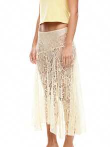 Women Sheer Lace Skirt Flower See Through Low Waist Casual Midi Skirt 2025 Clothing - Yellow - View 3
