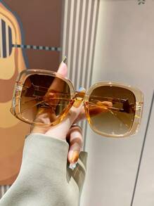 复古方形大框塑料时尚太阳镜，经典设计，适合户外旅行海滩度假休闲装，驾驶防紫外线时尚遮阳优雅装扮家庭出游旅行度假，适合夏季海滩度假、户外、旅行 - 香檳色 - 查看 2