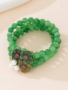 1 braccialetto con perline verde smeraldo e 1 paio di orecchini in lega di rame con smalto verde, set di gioielli vintage dorati vintage multi-strato, adatto per uso quotidiano, feste e occasioni speciali, collezione