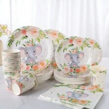 Juego de vajilla desechable con flores rojas y elefantes, platos de 7/9 pulgadas, servilletas, vasos, regalos y suministros para fiestas de cumpleaños, platos de papel desechables, servilletas, vasos, apropiado para decoraciones de fiestas con temática de cumpleaños