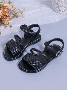 1 Paar schlichte schwarze Sandalen für Kleinkind/Kinder, PU Geflecht-Riemen mit Metallschnalle und offenem Zehendesign, rutschfest, modisch und niedlich im Römerstil, geeignet für Schüler von 3-15 Jahren für den täglichen, lässigen oder Partygebrauch, Frühling/Sommer 2025