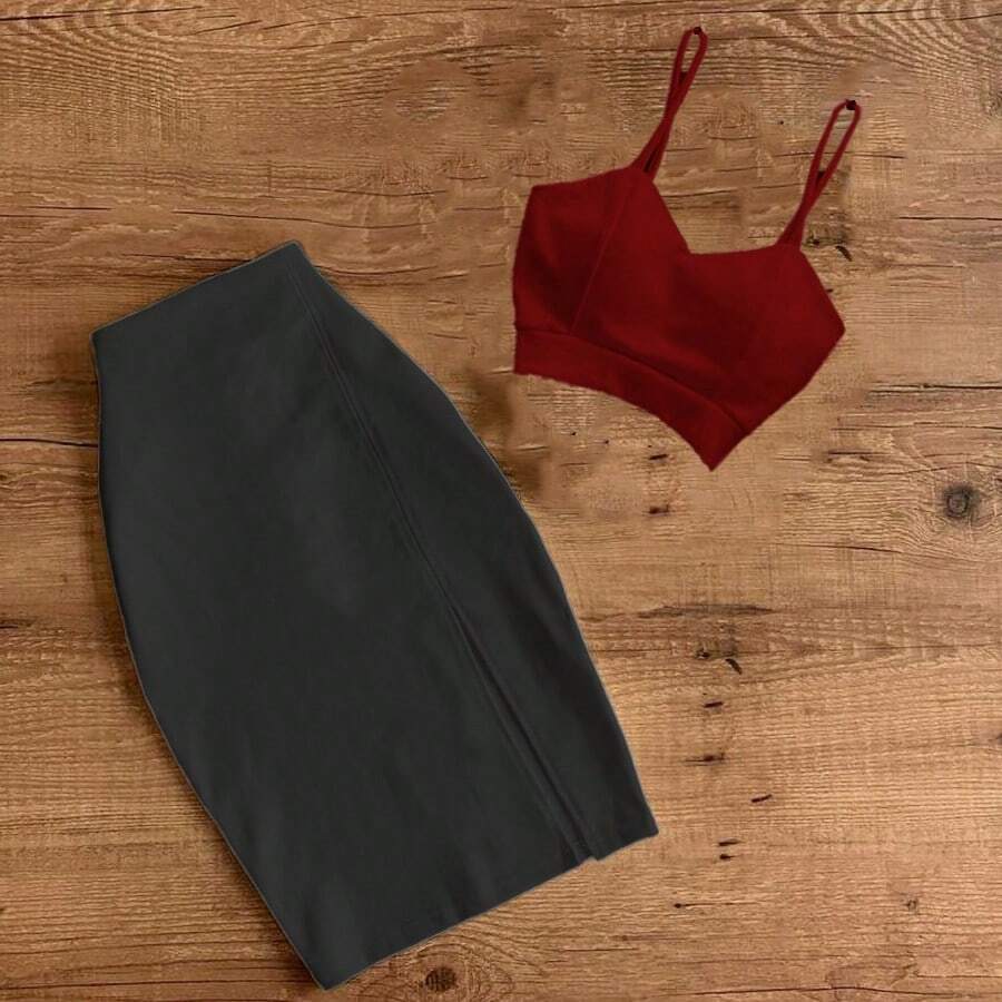 BLACK TOP AND SKIRT WITH LEG SLIPPING Fitted Strappy Top - Burgundy - View 1