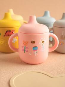 PopLittleOne 1 Stück Silikon Baby Becher tragbare Baby Wasserflasche mit niedlichem Tier, Blumen und Verkehrs-Muster, Baby Lernbecher Fütterung Baby Geschirr - Verschiedenfarbig - Übersicht 5