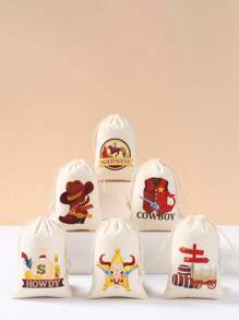 6 件西部牛仔风格礼品袋，西部牛仔主题礼品包装袋，抽绳袋，生日宝贝淋浴性别揭示派对装饰储物袋，派对礼物 - 彩色 - 查看 1