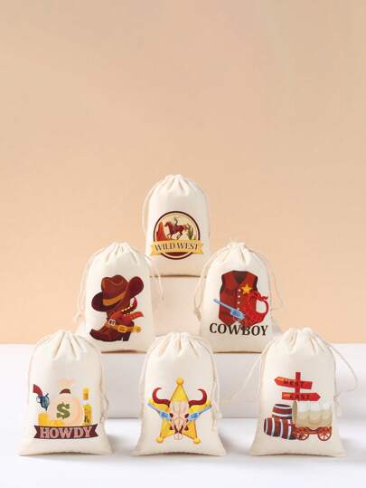 6 件西部牛仔风格礼品袋，西部牛仔主题礼品包装袋，抽绳袋，生日宝贝淋浴性别揭示派对装饰储物袋，派对礼物