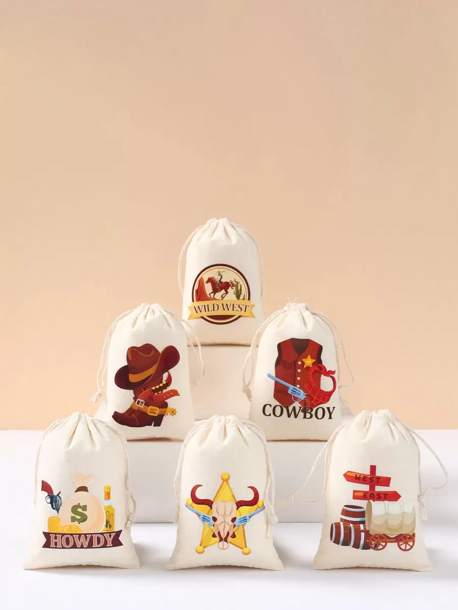 6 件西部牛仔风格礼品袋，西部牛仔主题礼品包装袋，抽绳袋，生日宝贝淋浴性别揭示派对装饰储物袋，派对礼物 - 彩色 - 查看 1