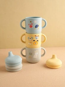 PopLittleOne 1 Stück Silikon Baby Becher tragbare Baby Wasserflasche mit niedlichem Tier, Blumen und Verkehrs-Muster, Baby Lernbecher Fütterung Baby Geschirr - Verschiedenfarbig - Übersicht 6