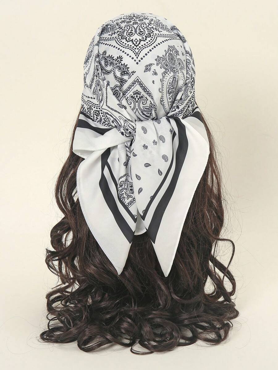 1条简约印花70x70厘米方形围巾，新款春季女士头巾，多功能腰带，包装装饰，头饰，时尚连衣裙领巾 - 黑與白 - 查看 1