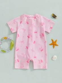 Toddler Girl Rash Guard Swimsuit Cherry/Bow Print Zipper Short Sleeve Zip Up Bathing Suit - Peach - View 2