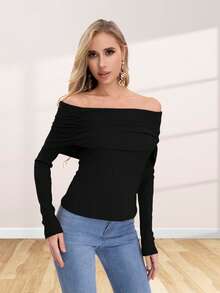 Blusa tipo strapless con hombros descubiertos con resorte en hombros de manga larga - Negro - Ver 3