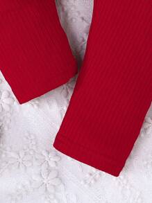 Baby Girl Ruffle Sleeves Round Neck Heart Print Top And Solid Color Knit Pants Cute 2pcs Set, Summer - Red - View 8