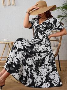 Elegant Women's Long Dress, Deep V Neck Dress, Cloth Belt Dress, Vintage Printed Dress, Lantern Sleeve Dress For Spring And Summer - 黑色 - 查看 1