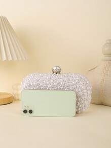 纯白色泡泡状仿珍珠迷你方包，银色五金装饰条，皇冠纽扣装饰，适合女性婚礼佩戴、派对活动、约会和购物 - 白色 - 查看 5