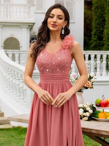 MIUSOL Sequin Floral Lace Sweetheart Neck Sleeveless Ruffle Chiffon Slit Maxi Formal Party Dress, Formal Evening Gown, Suitable For Wedding Guest, Graduation Ceremony, Gala And Other Occasions - Dusty Pink - View 11