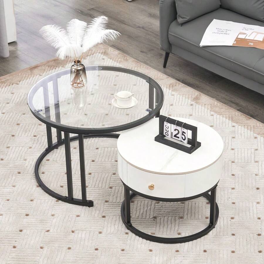 LITZEE Elegant Two-Piece White Cushion Set - Glass, Marble Plate And Massive Wood Covers