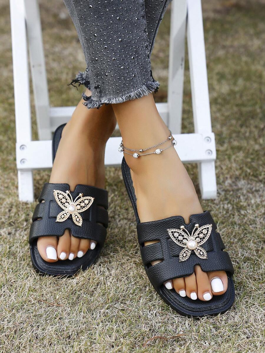 女士平底凉鞋 露趾平底正装凉鞋 女士拖鞋 蝴蝶装饰扣凉鞋 - 超舒适、轻便、防滑的夏季云凉鞋，非常适合室内和室外使用 - 黑色 - 查看 1