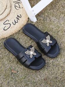 女士平底凉鞋 露趾平底正装凉鞋 女士拖鞋 蝴蝶装饰扣凉鞋 - 超舒适、轻便、防滑的夏季云凉鞋，非常适合室内和室外使用 - 黑色 - 查看 4