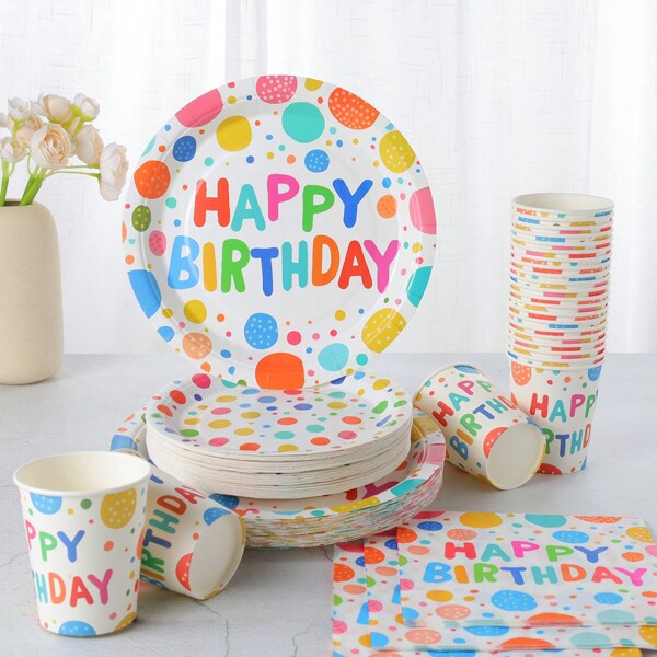 Colorful Polka Dot Happy Birthday Disposable Tableware Set, 7/9 Inch Party Plates Napkins Cups, Birthday Party Gift Celebration Decorations Disposable Paper Plates Napkins Cups, Suitable For Birthday Theme Party Supplies