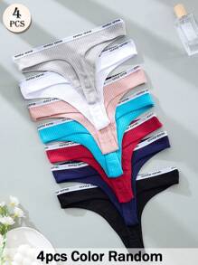 APRSEA 4 chiếc/gói, màu ngẫu nhiên, quần lót G-string nữ - Quần lót cạp thấp gợi cảm in chữ, chất liệu vải dệt kim thoải mái, dây thun in chữ ẩn. - Nhiều màu - Xem 2