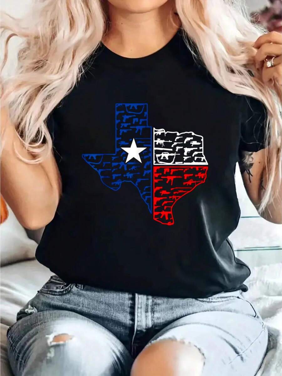 Usa Guns Patriotic Texan America Texas Print T-Shirt, Casual Crew Neck Short Sleeve Comfort Tee Top For Spring & Summer, Women'S Clothing