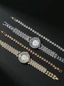 4 件套休闲简约女士石英表套装，搭配心形水钻手链，采用经典圆形水钻镶嵌刻度和甜美闪亮的水钻钢表带，适合节日礼物和日常佩戴，不包括包装盒 - 彩色 - 查看 3