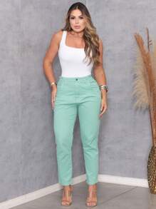 Women's Jeans With Elastic Waist And Pocket - 綠色 - 查看 4