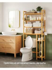 Estantería de Almacenamiento sobre el Inodoro, con Soporte para Papel Higiénico, Organizador de Baño de Bambú con Estantes Ajustables, 4 Ganchos, Blanco Nube MBTS017W01 - Beige natural - Ver 3