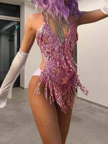 Áo liền thân cổ chữ V họa tiết ngôi sao phối màu tương phản đính sequin và tua rua, buộc dây phía sau, trang phục dự tiệc lễ hội âm nhạc mùa hè dành cho nữ, màu hồng thanh lịch. - Hồng - Xem 2