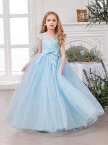 Tween Girl Independence Day Bow Embroidered Mesh Party Dress, Elegant Princess Dress, Suitable For Girls' Dresses, Birthday Party Gifts, Prom Parties, Important Occasions, Flower Girl Dresses, Wedding Dresses, Holiday Celebration Outfits,Blue Dresses For Girls,Thanksgiving Dress