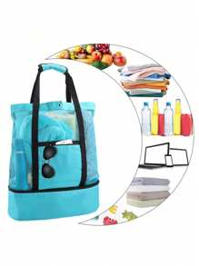 1 buc geantă de picnic pentru plajă, izolație pentru plajă și conservare a gheții (închidere cu fermoar, direcție aleatorie), geantă de picnic pentru plajă, conservare a căldurii, pentru femei, plasă transparentă, dublu strat, depozitare, capacitate mare, cumpărături, impermeabile, geantă de birou, prânz, gustări, geantă pentru școală, accesorii școlare, lucruri școlare