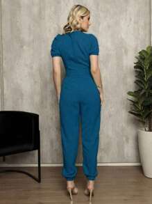 Plain Linen Jumpsuit With V-Neckline And Free Belt - Teal Blue - View 2