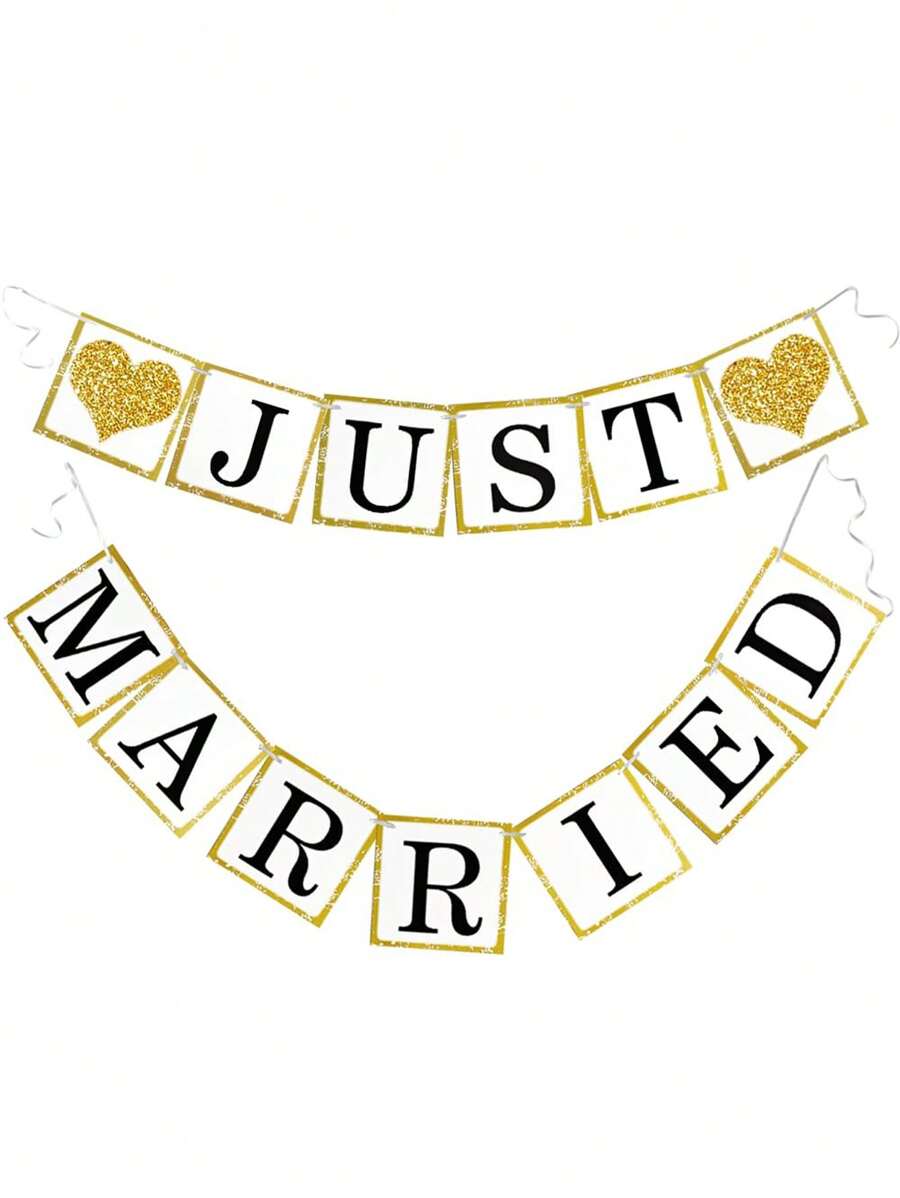 1pc-Wedding Banner Decoration Just Married Paper Wedding Wreath Supplies Proposal Engagement Sign Outdoor Party Bride Room Photo Decoration, Gold Glitter Just Married Sign Wreath Used For Bridal Tea Party Decoration, Photo Props And Car Decoration