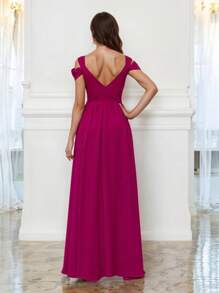 Vestido Largo Elegante con Hombros Descubiertos con Escote en V y Abertura en la Pierna - Rosa Fucsia - Ver 3