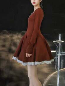 Solid Lace Patchwork Pleated Knitted Dress For Women's Spring Autumn Long Sleeved Slim Clothes Sweet Big Swing Concert Festival Dresses - View 4