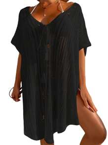 Women Summer Casual Cover Up, Solid Color Short Sleeve Hollow Out Bandage Tassel Loose Beachwear - 黑色 - 查看 1